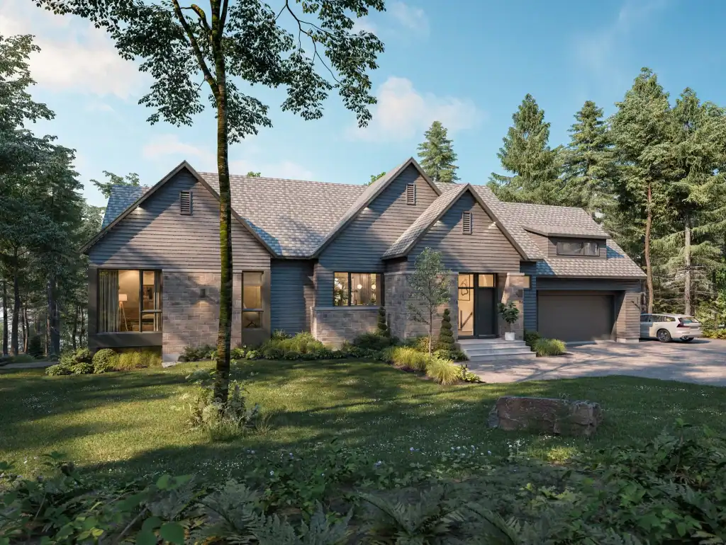 Maison contemporaine en bois dans la forêt des Quatre Versants, entourée d'arbres et de nature.