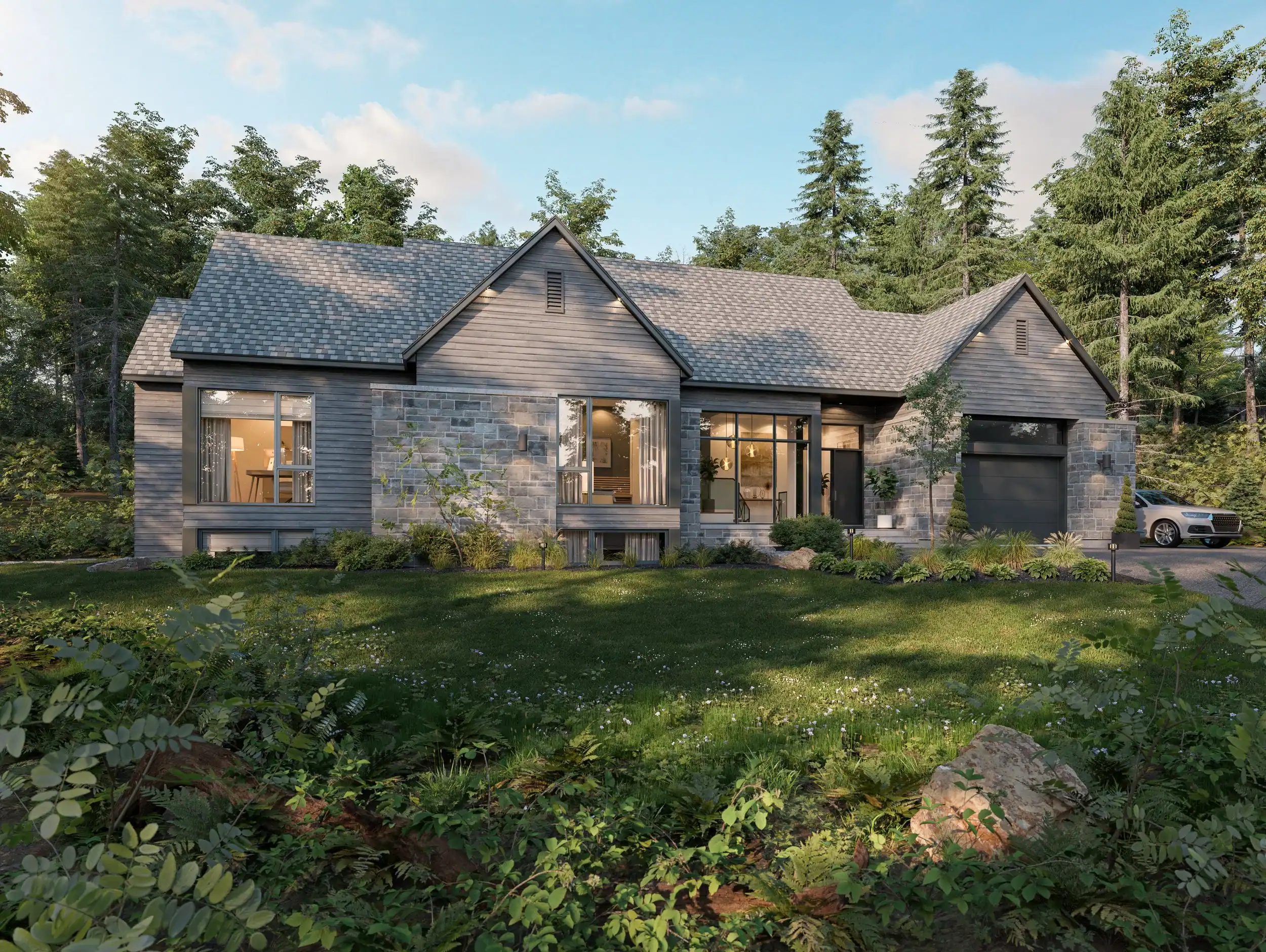 Maison en bois moderne dans la forêt des Quatre Versants, entourée de nature et d'arbres.