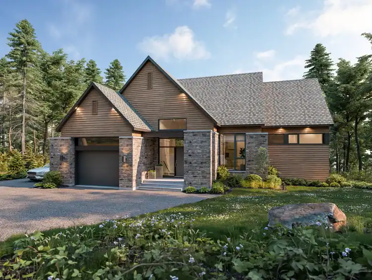 Maison en bois moderne entourée d'arbres dans la forêt des Quatre Versants.
